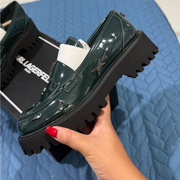Karl Lagerfeld Dark Green Star-Studded Loafers - Picture 1 of 4